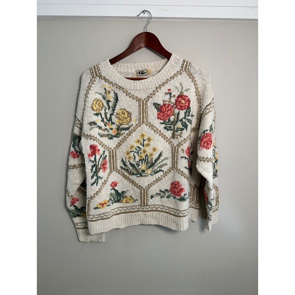 LL Bean Floral Intarsia Sweater Womens M Cream Vintage EUC Cottagecore Knit